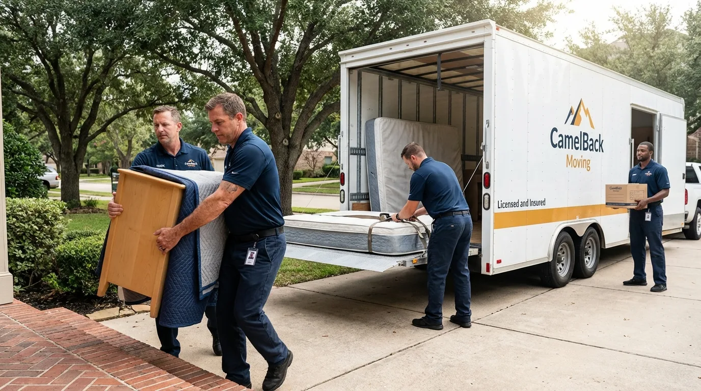 Crew loading residential truck for cross-state move from Comanche, OK