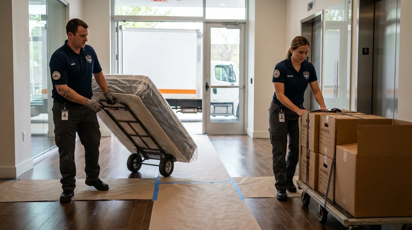Professional apartment movers loading elevator in Comanche, OK